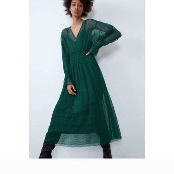 Zara Green Long Sleeve Dress Weddings Slip Sheer Midi Gorgeous Deep Green Small - Picture 8 of 16
